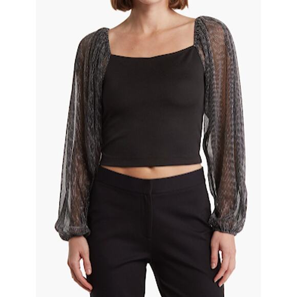 Wildfox Benicia Black Crop Top with Sheer Long Sleeves Size M NWT - Picture 1 of 5